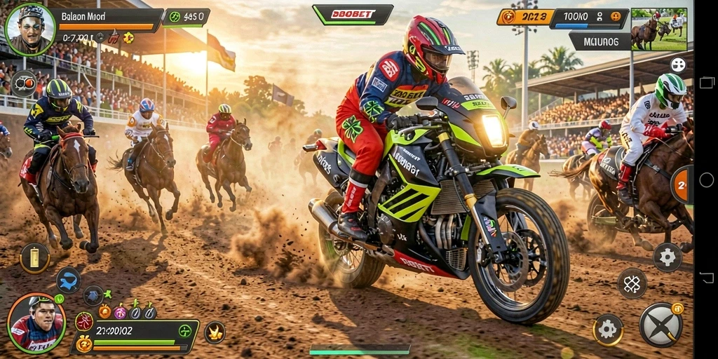 Screenshot menampilkan aksi balapan motor yang mendebarkan di SBOBET.