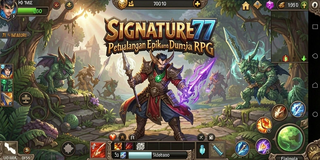Screenshot menunjukkan gameplay intens di dunia fantasi SIGNATURE77.